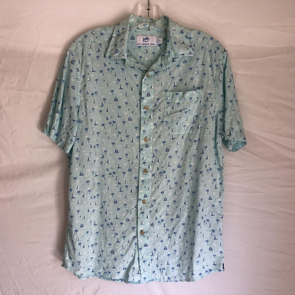 Southern Tide Shirt Mens Small Green Sailboat Linen Rayon Button Front